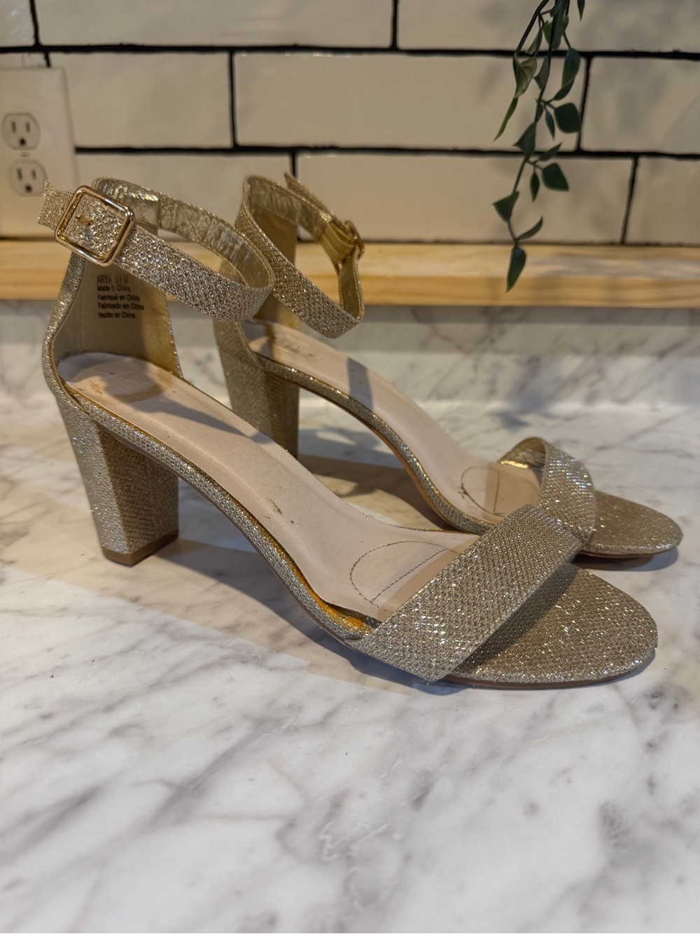 Gold Glitter Block Heel Sandals with Ankle Strap